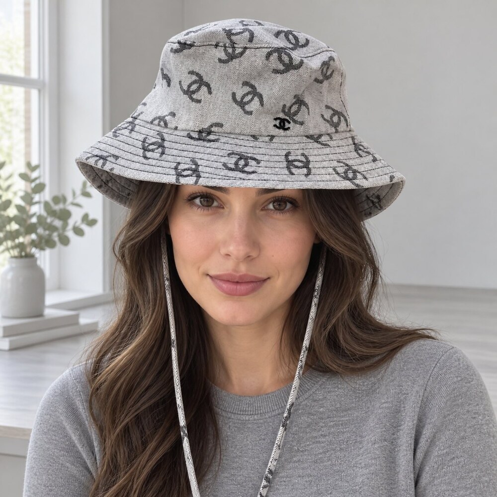 CHANEL Grey CC Denim Bucket Hat - Picture 2 of 6